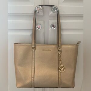 Michael Kors Gold Saffiano Leather Metallic Shoulder Bag.